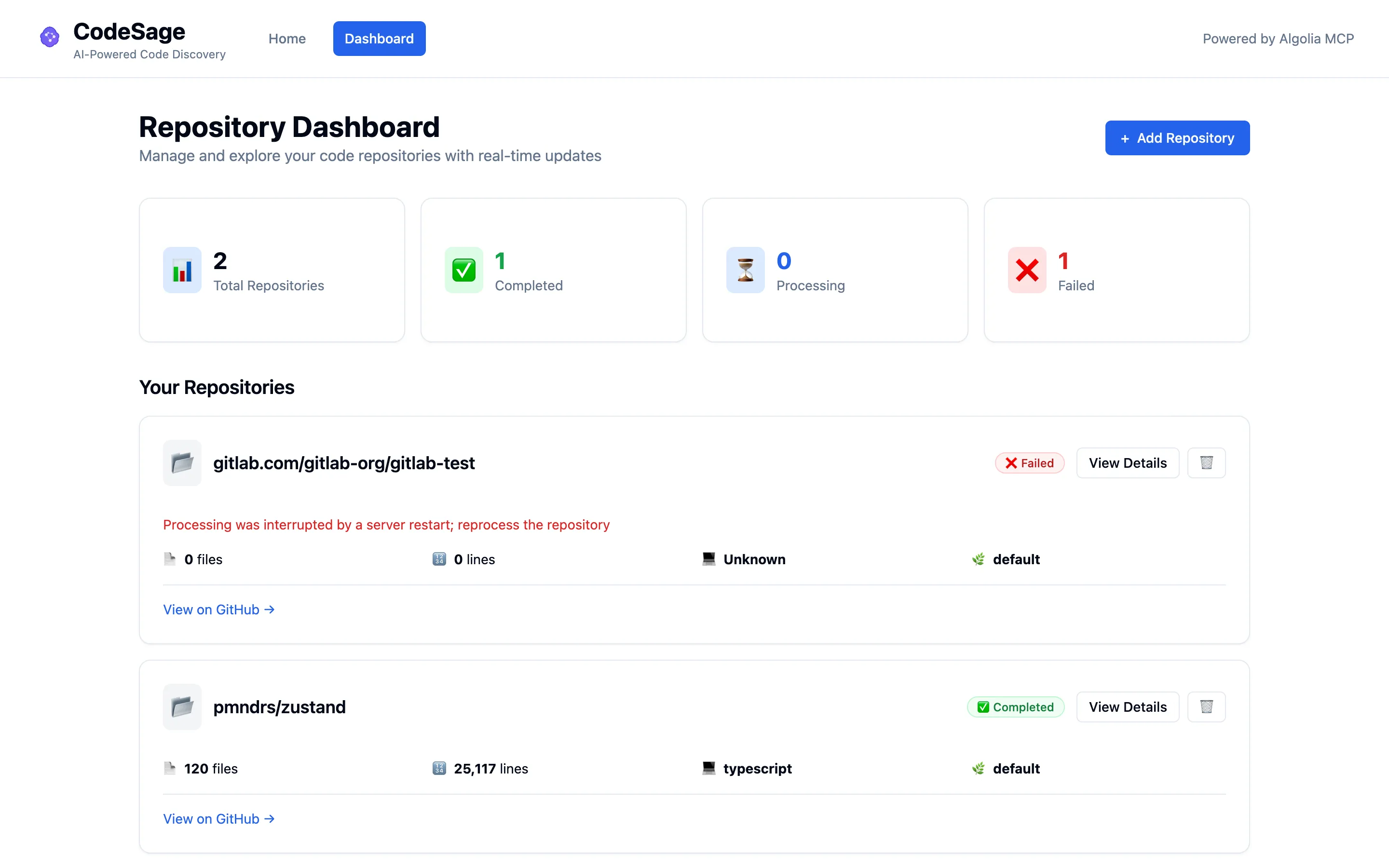 The Repository Dashboard with summary counters (2 total, 1 completed, 0 processing, 1 failed) and two repository cards, one failed with its reason shown and one completed.
