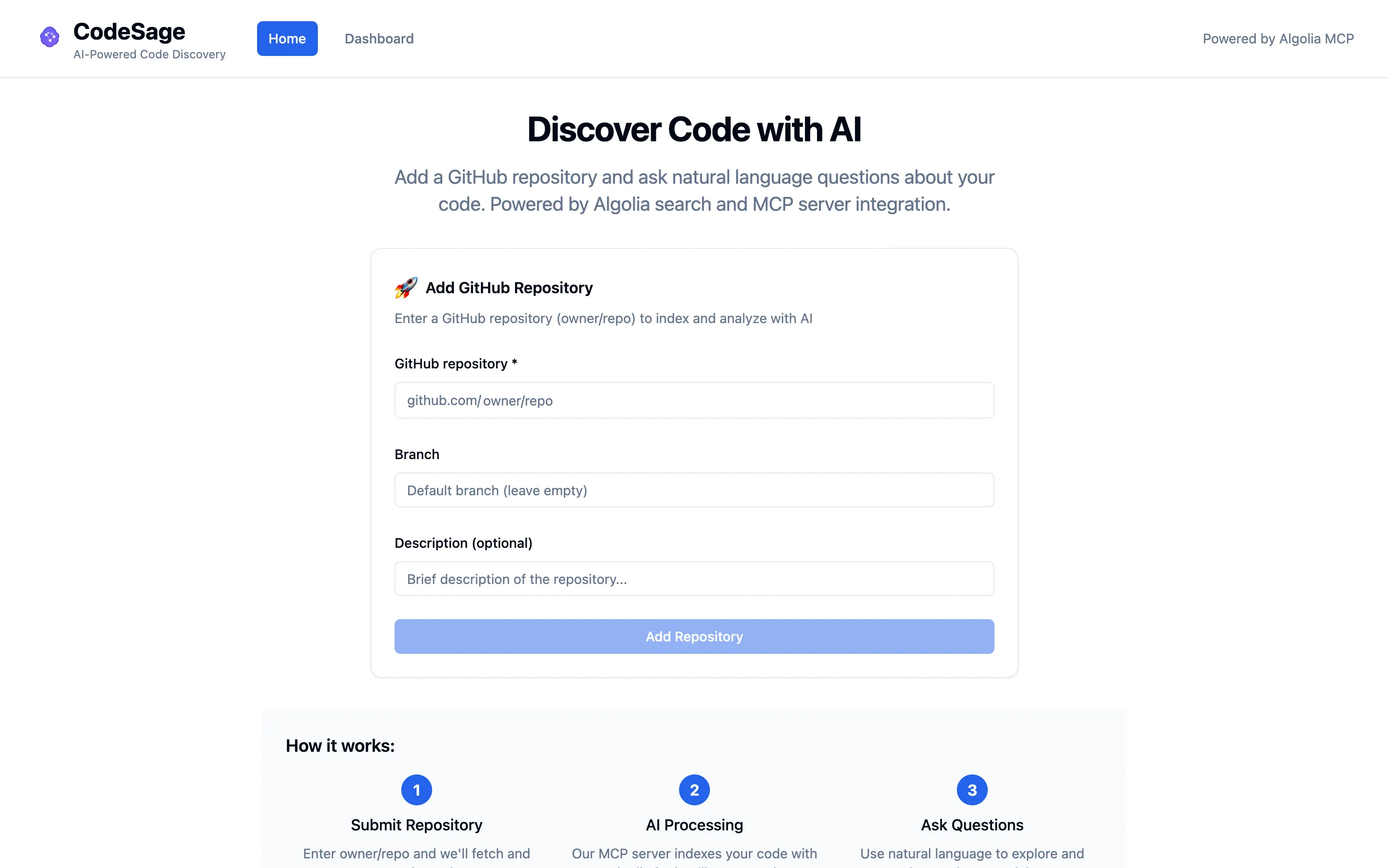 The CodeSage Home page with the Add GitHub Repository form: a github.com/ prefixed repository field, an optional branch field and an optional description field.