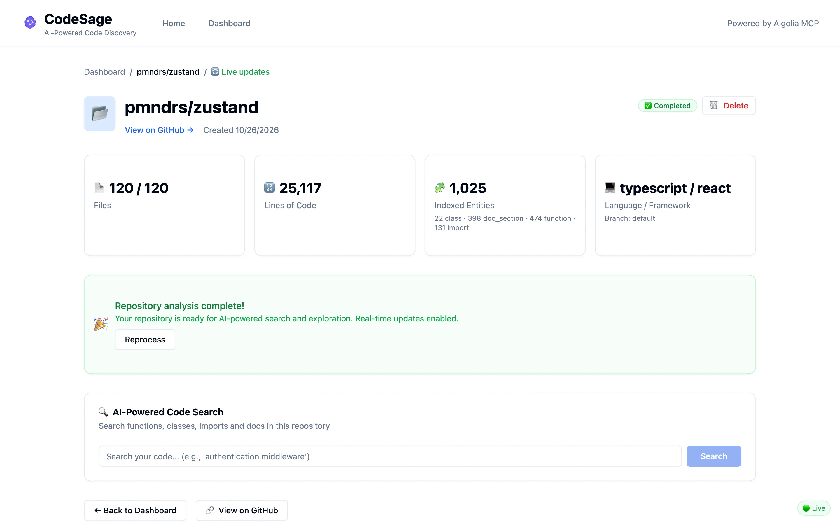 The repository page for pmndrs/zustand after indexing: 120 of 120 files, 25,117 lines, 1,025 entities broken down by type, and typescript / react as language and framework.