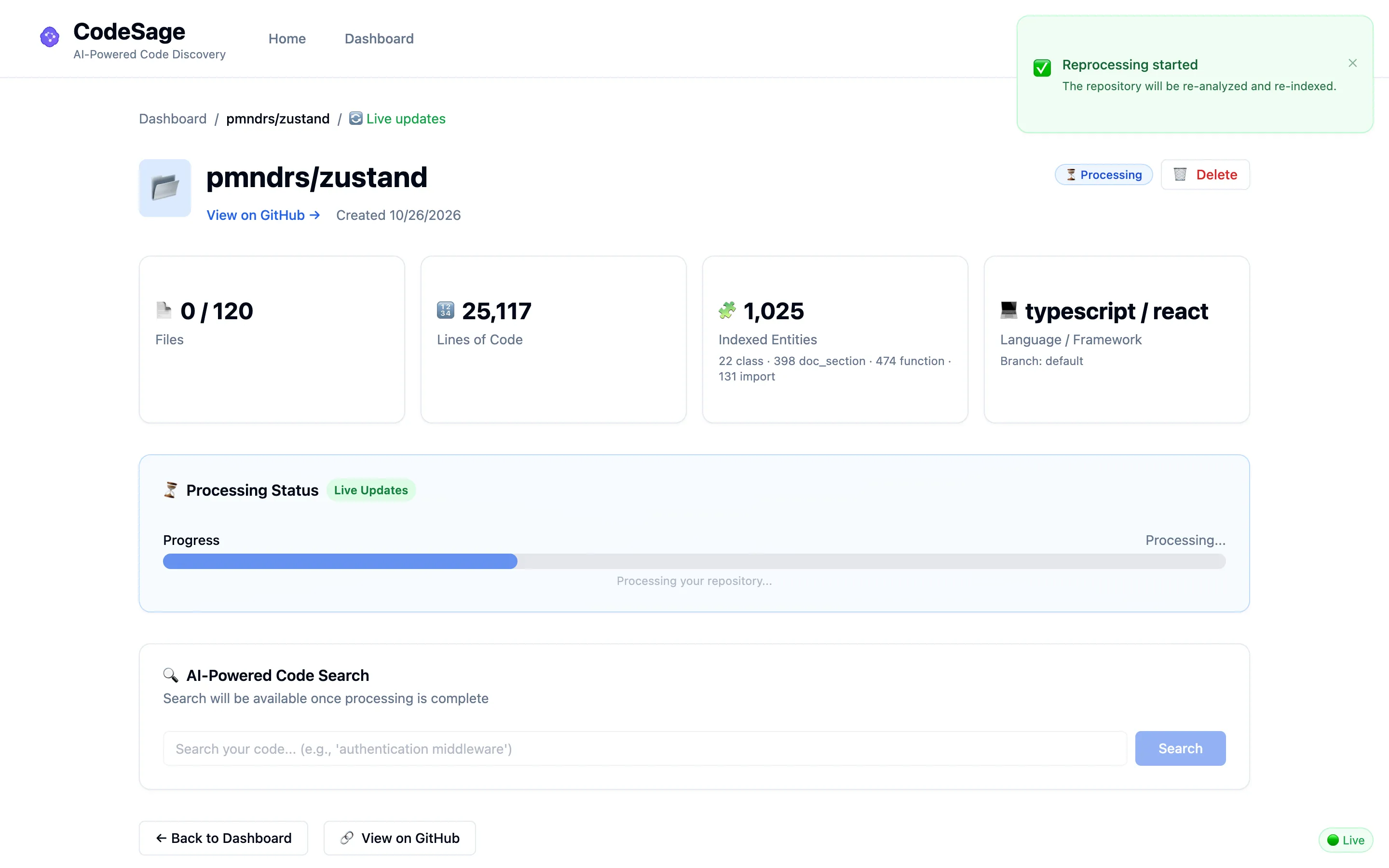 The repository page for pmndrs/zustand during a reprocess: a Reprocessing started toast, a Processing badge, 0 of 120 files, a blue progress bar and a disabled search box.