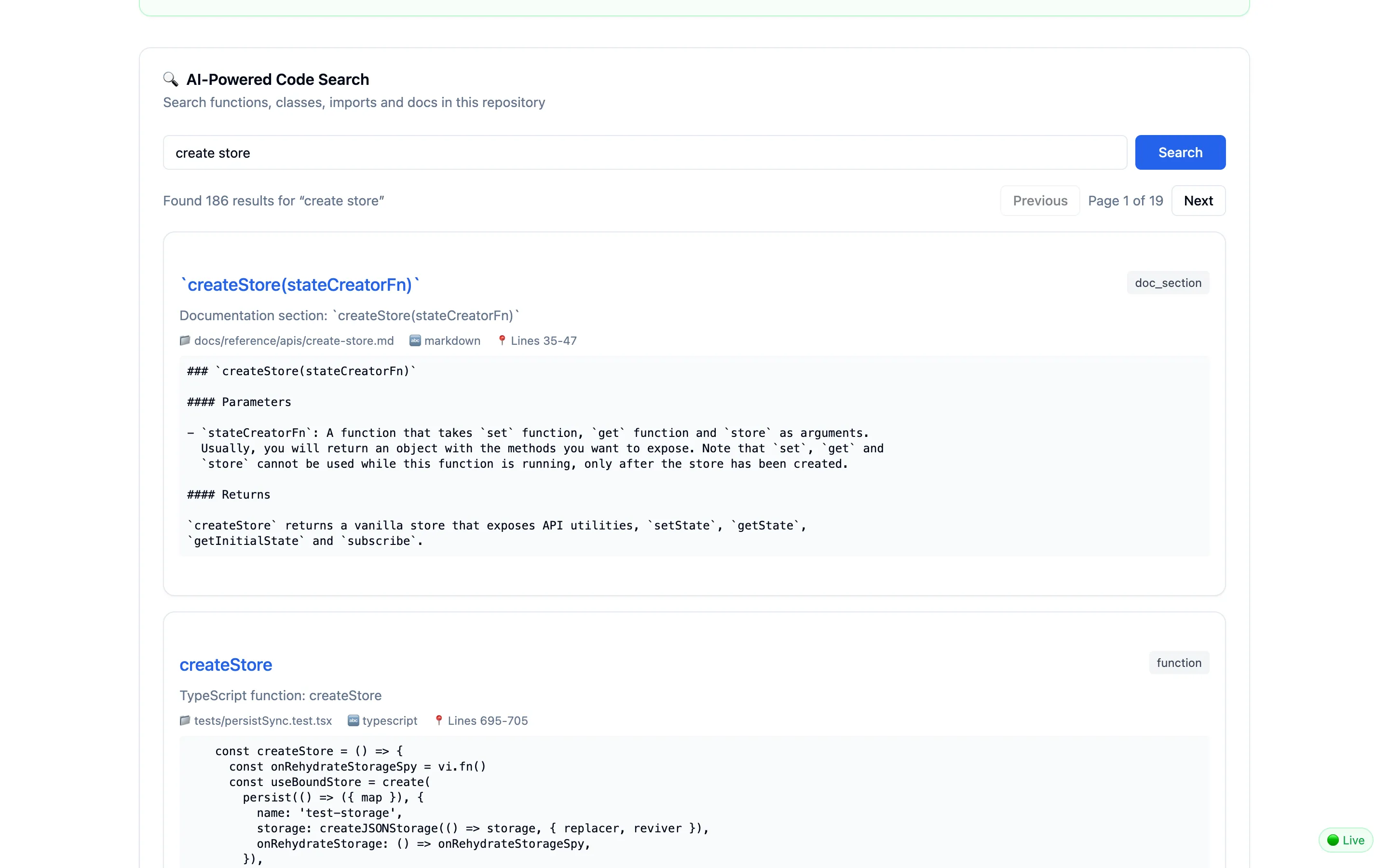 The CodeSage repository page for pmndrs/zustand, showing 186 search results for 'create store' with file paths, line ranges and code snippets.